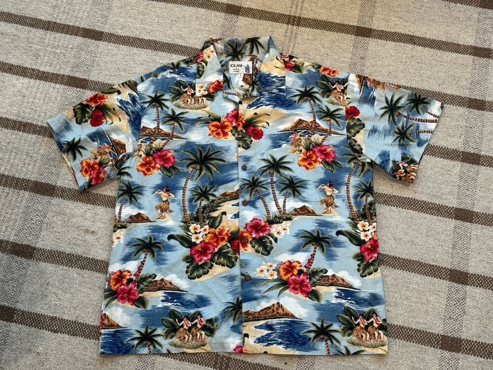 Vtg Iolani Men’s Large Hawaiian Short Sleeve Cotton Shirt Hula Floral USA Resort